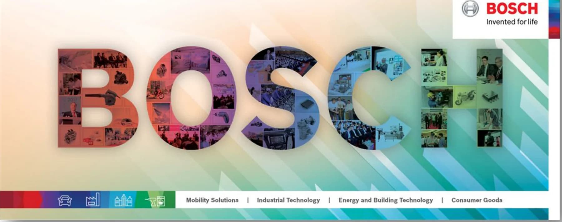 Wall branding: the BOSCH wordmark filled with event and product photography, above the four business sectors
