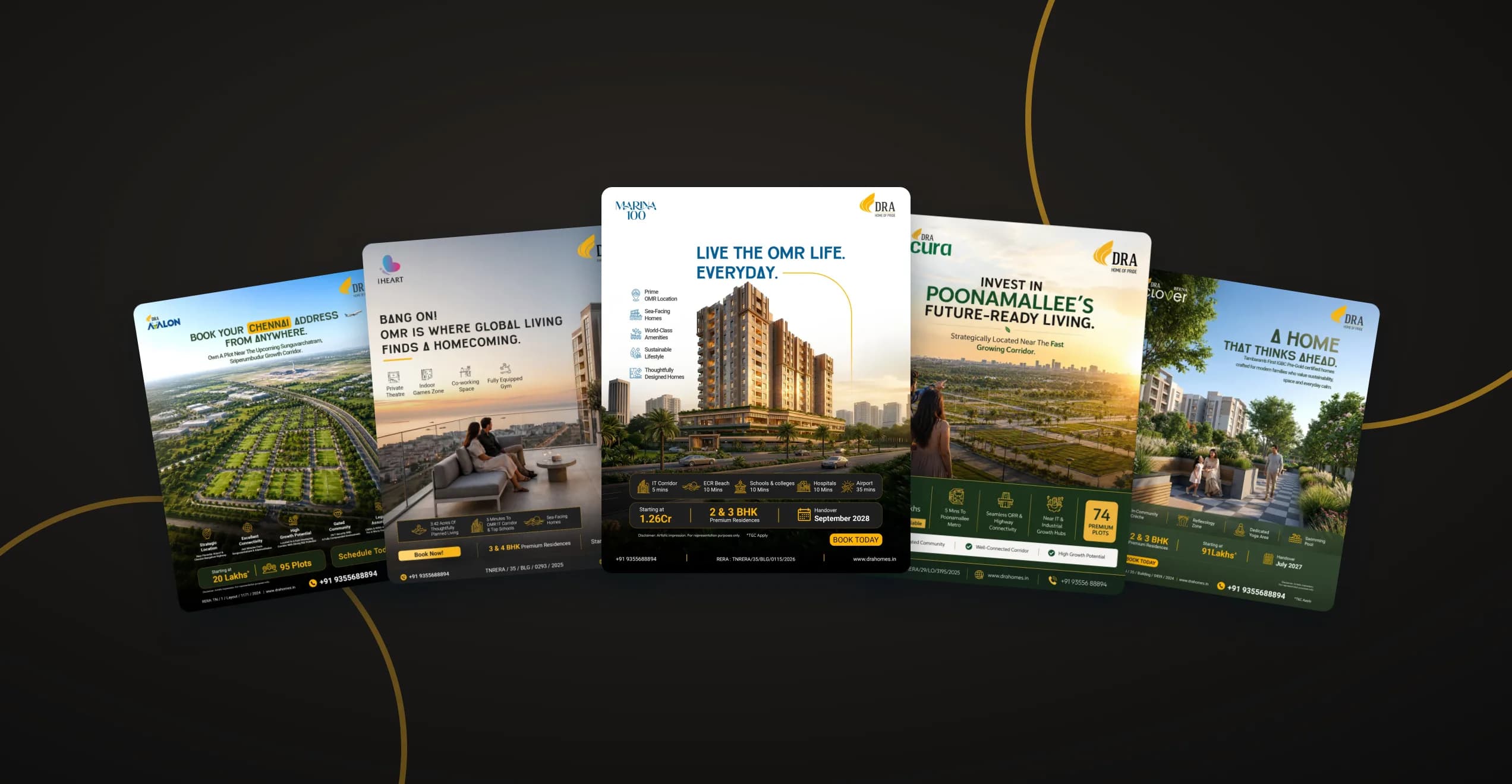 Five DRA Homes campaign creatives — Avalon, iHEART, Marina 100, Secura and Beena Clover — fanned on charcoal and gold