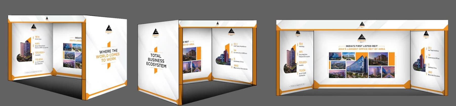 Kiosk branding for Embassy office parks: “Where the world comes to work” and “Total business ecosystem”