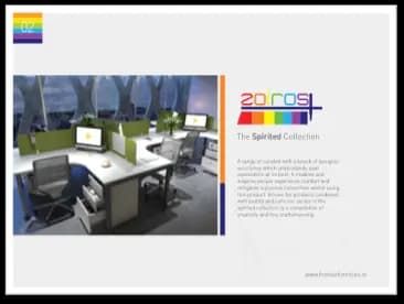 Corporate brochure page: a workstation render beside the Zoiros+ mark and a short description of The Spirited Collection