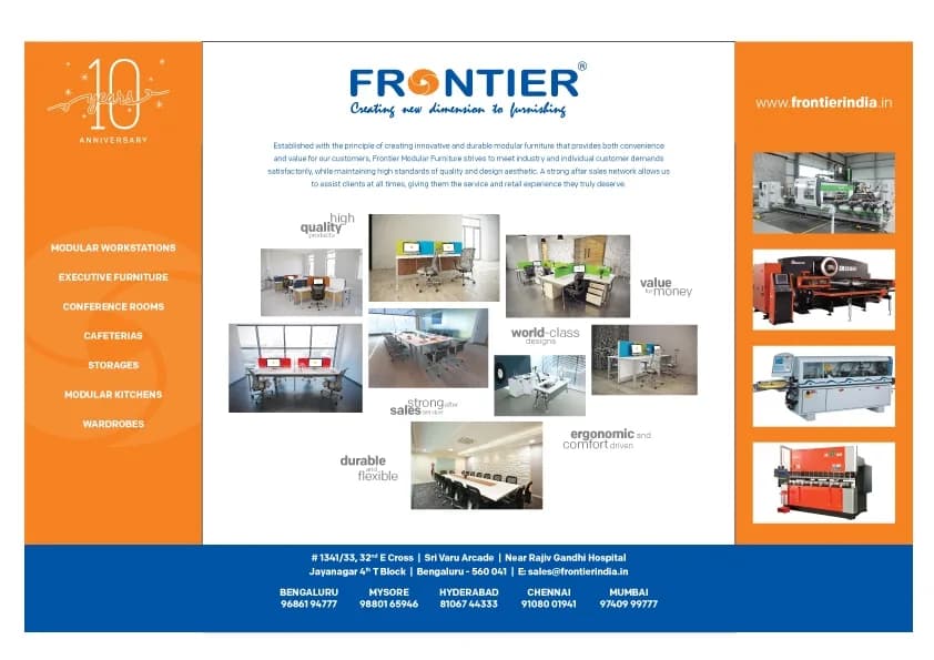 Exhibition panel in orange and blue: the Frontier logo, a grid of furniture photographs with value statements, product categories on the left and workshop machinery on the right