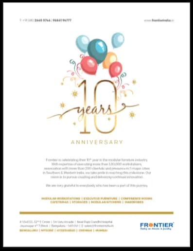 Anniversary advertisement: balloons above a gold 10 years anniversary mark on white