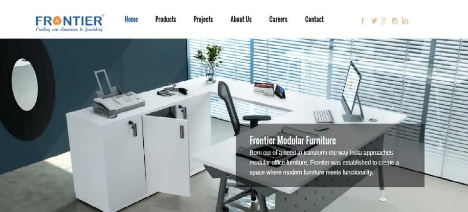 The restructured Frontier website homepage: a navigation bar above an office furniture photograph and a short brand statement