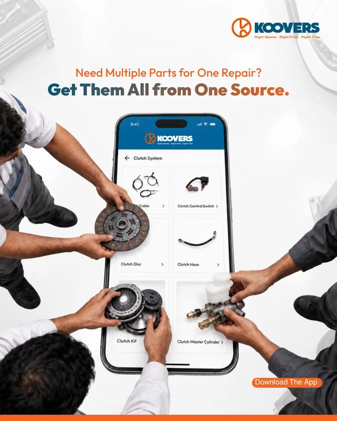 Hands holding parts around a phone showing the Koovers app: “Need multiple parts for one repair? Get them all from one source”