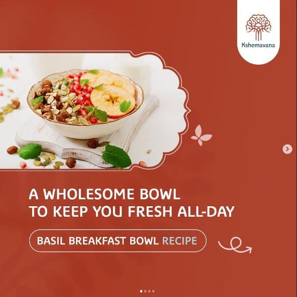 Social post: a basil breakfast bowl recipe on a terracotta background