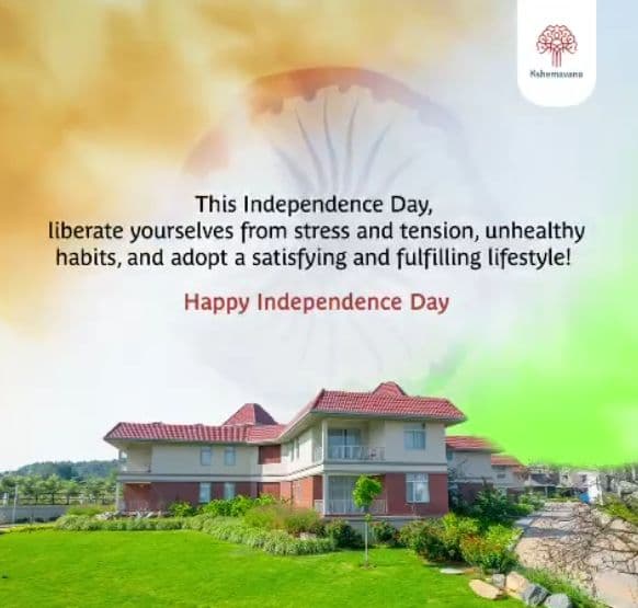 Independence Day greeting creative with a retreat building on a lawn