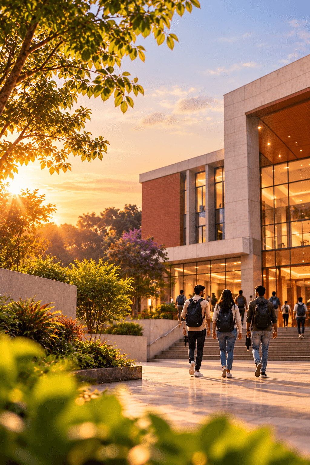 A golden-hour view along the PES IUP campus walkway