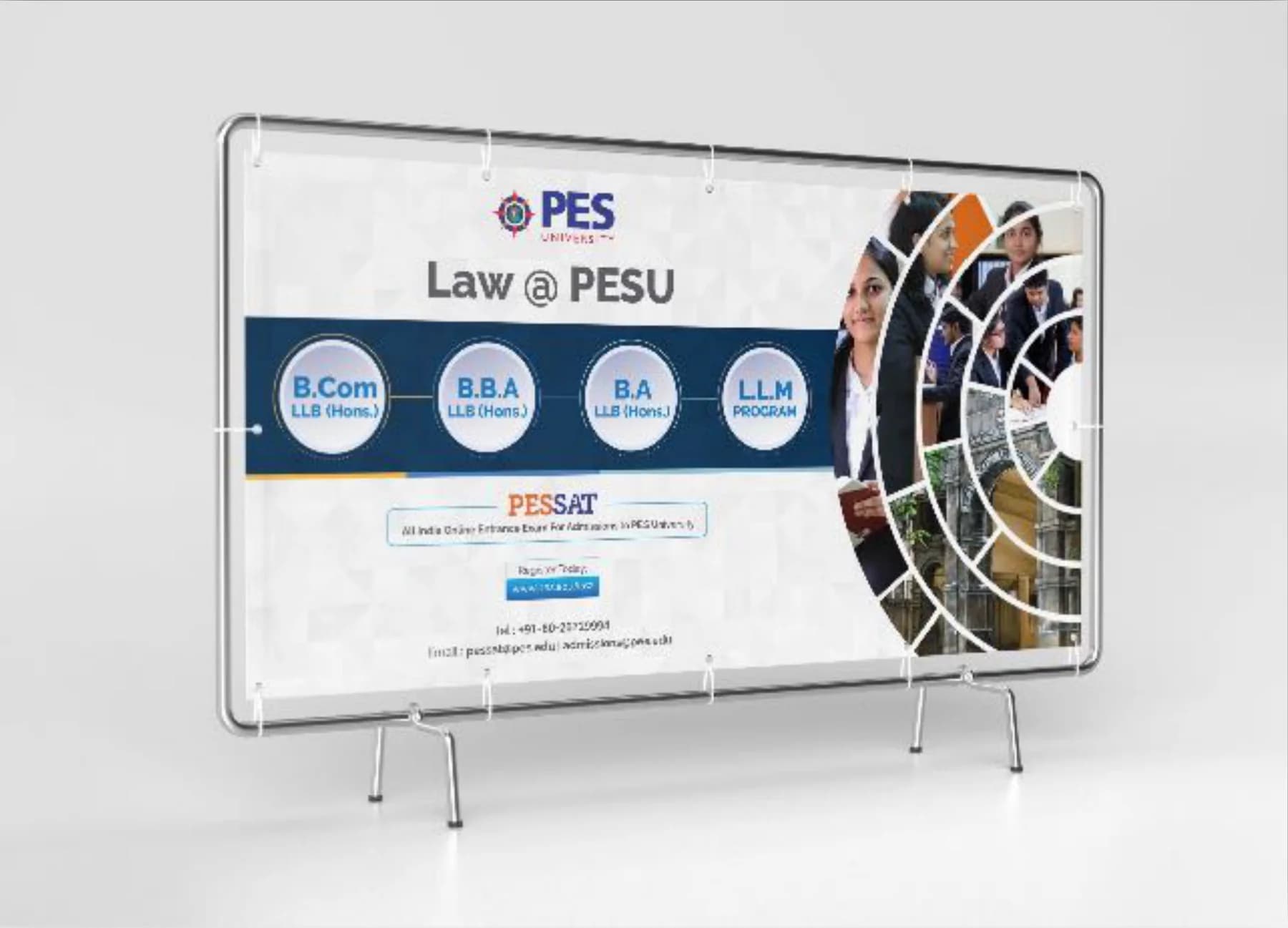 Law @ PESU course banner on a frame: B.Com, BBA, BA and LLM