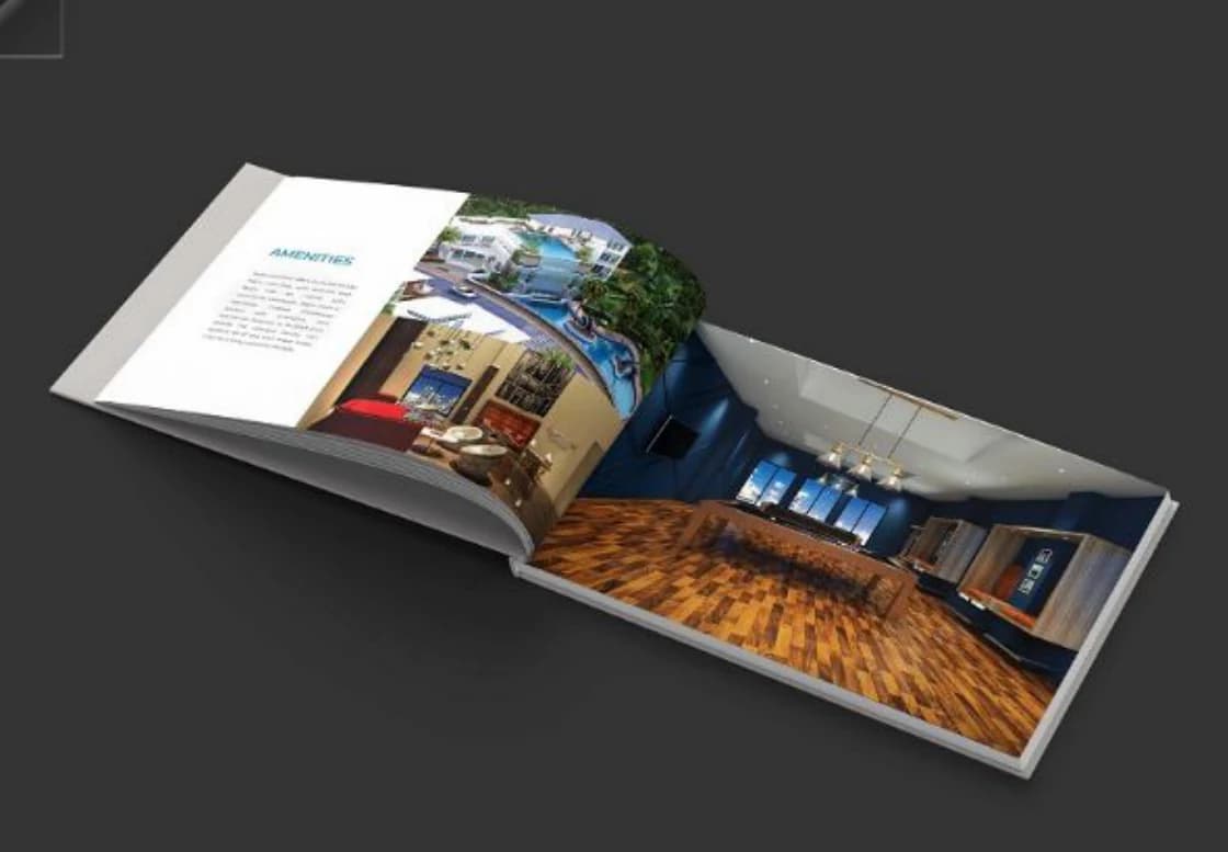Brochure spread: amenities, with an indoor games lounge