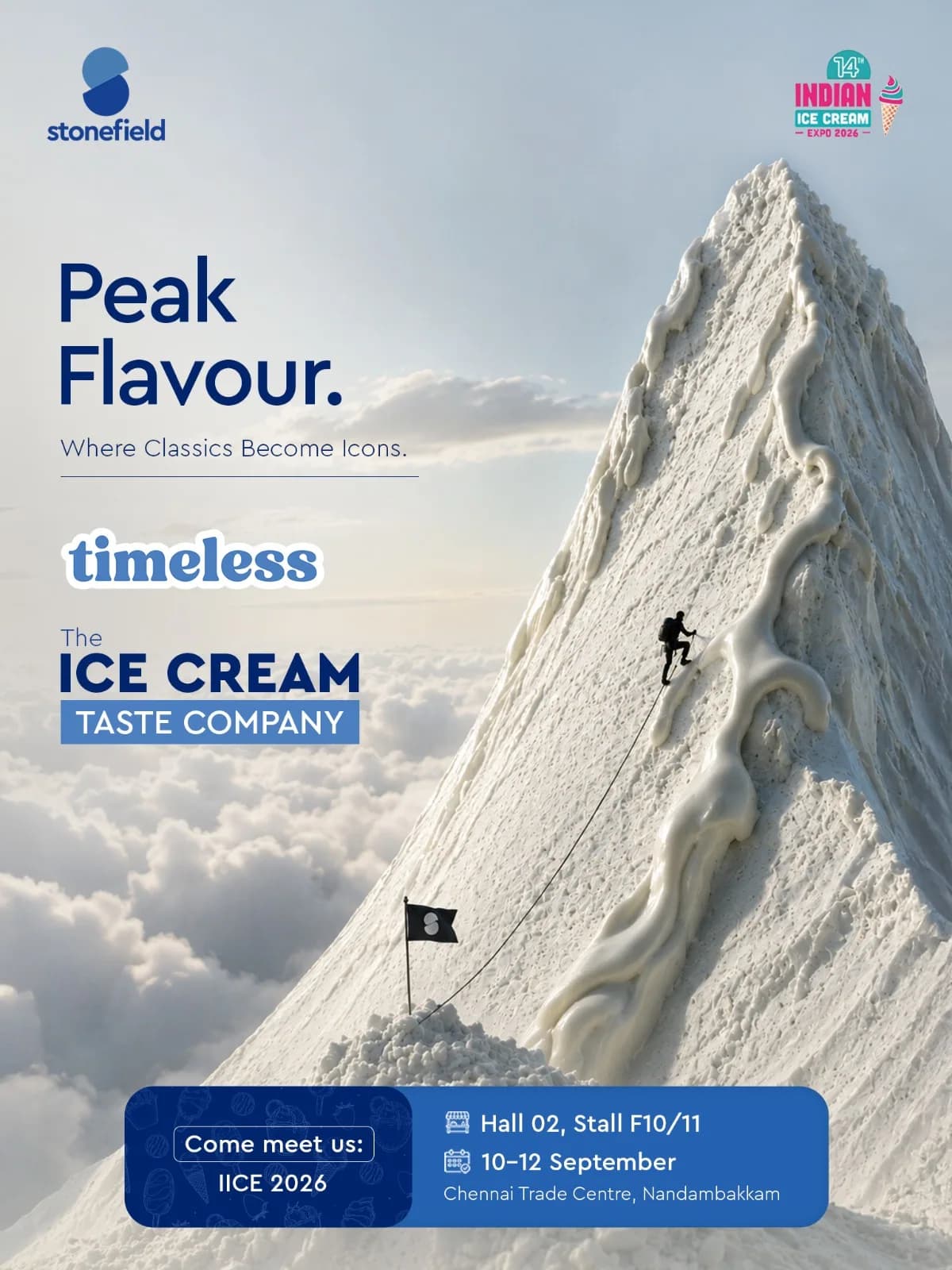 «Peak Flavour. Where classics become icons.» (قمة النكهة. حيث تصبح الكلاسيكيات أيقونات) — متسلّق على جبل من مثلّجات الفانيليا، لمجموعة Timeless، مع تفاصيل جناح IICE 2026