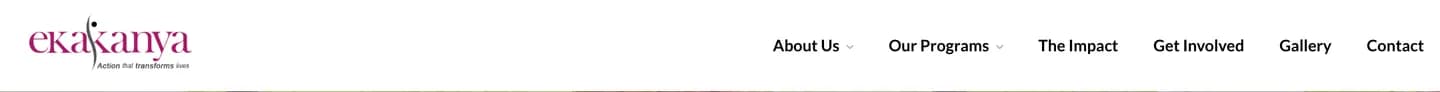 The Ekakanya navigation bar: About Us, Our Programs, The Impact, Get Involved, Gallery, Contact