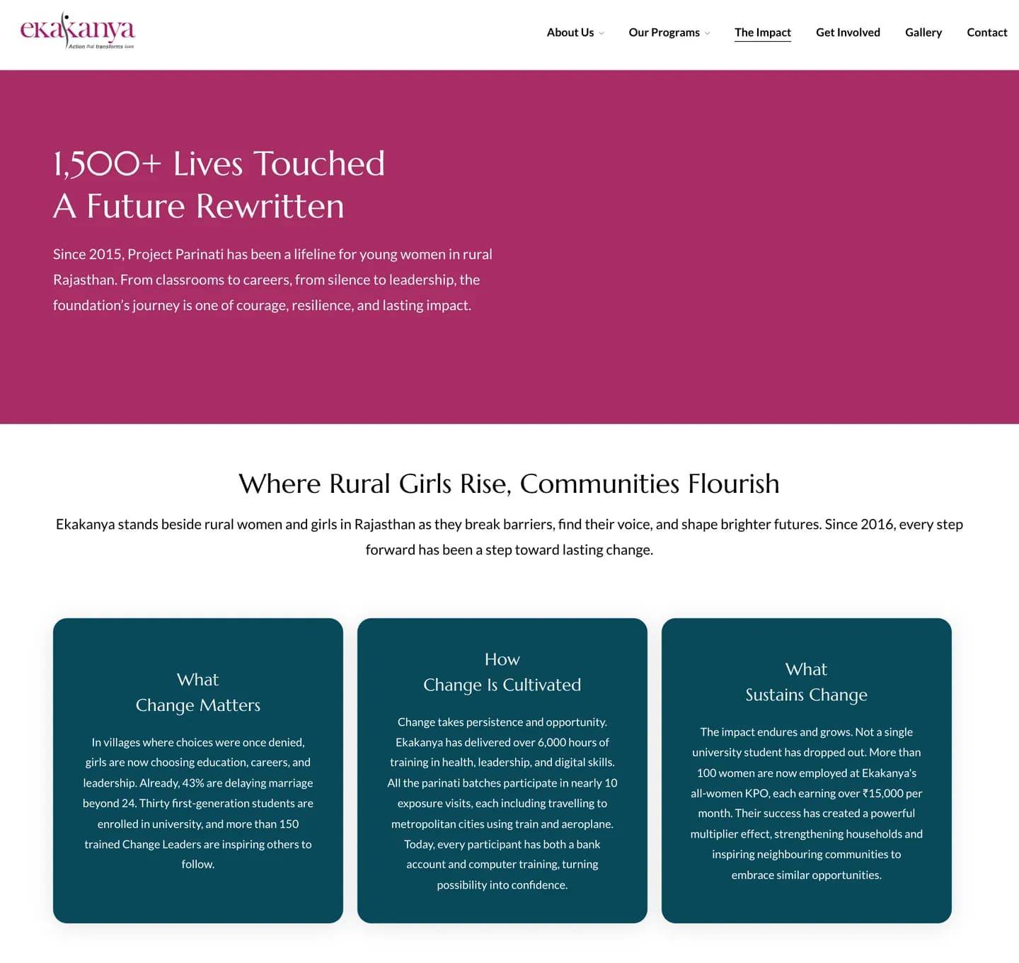 The Impact page — What change matters, how change is cultivated, what sustains change