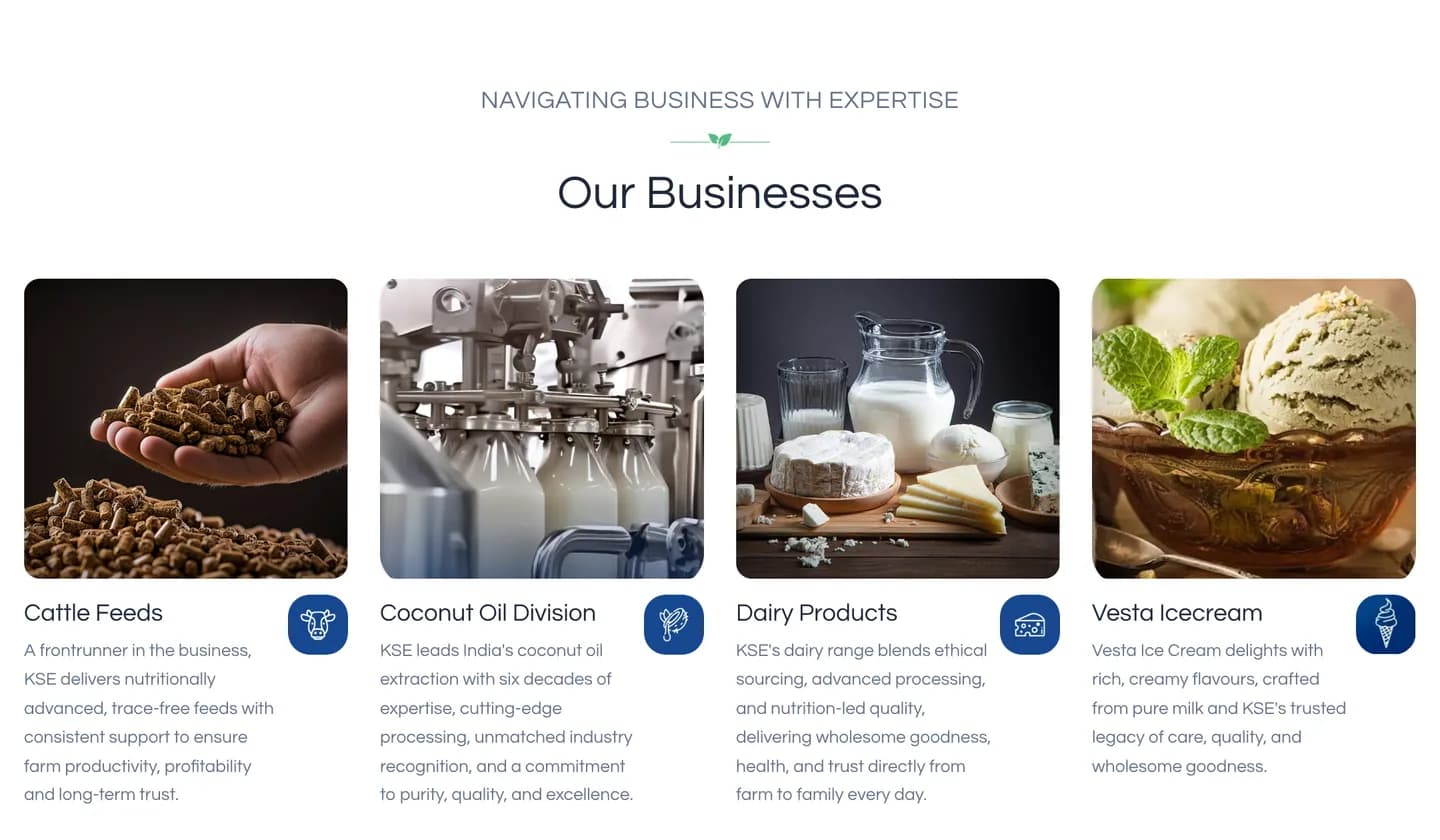The Our Businesses section listing Cattle Feeds, Coconut Oil, Dairy Products and Vesta Ice Cream