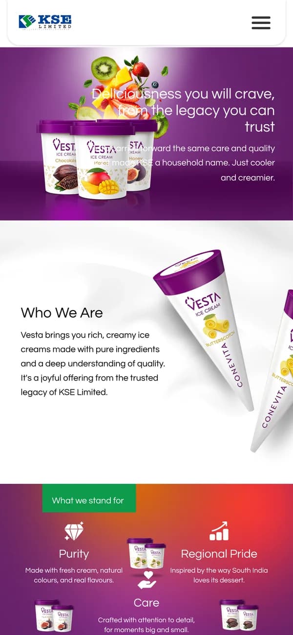 The Vesta Ice Cream page on mobile