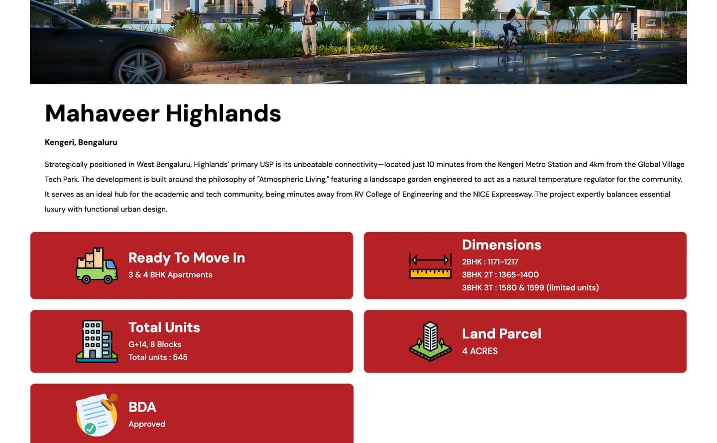 The Mahaveer Highlands page: location, description and key facts — ready to move in, dimensions, total units, land parcel and BDA approval