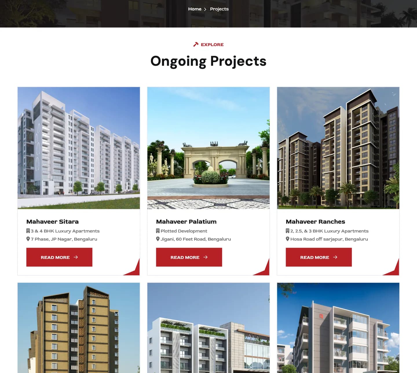 Ongoing project cards on the Projects page: Sitara, Palatium and Ranches with configuration and location, then Highlands, Rarus and Camellia