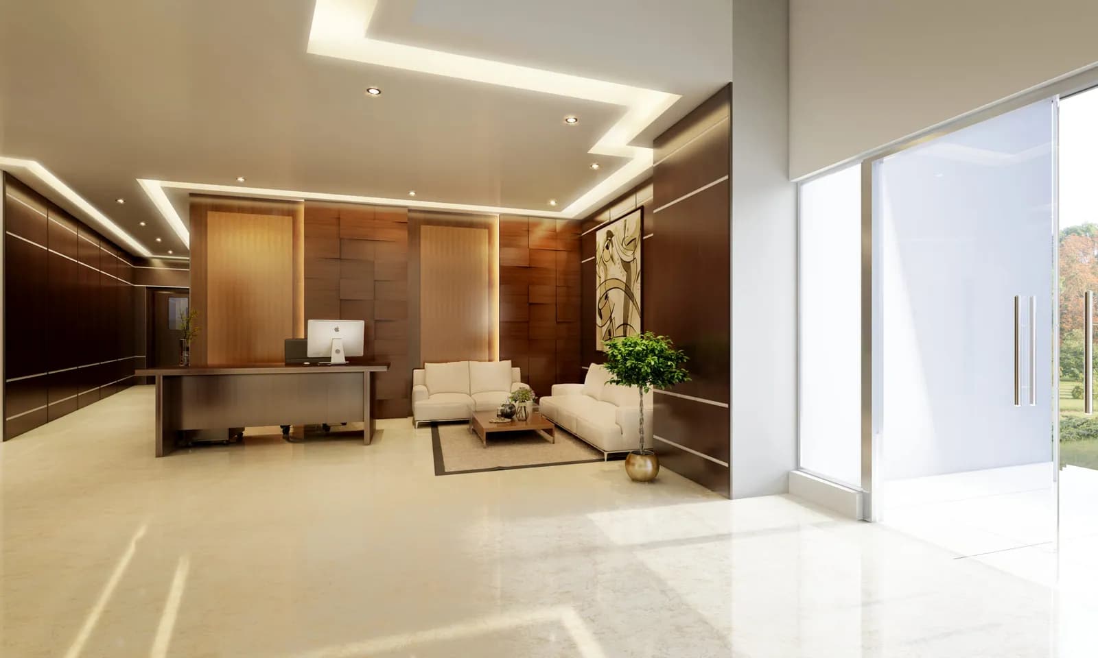 A reception lounge render from a Mahaveer project
