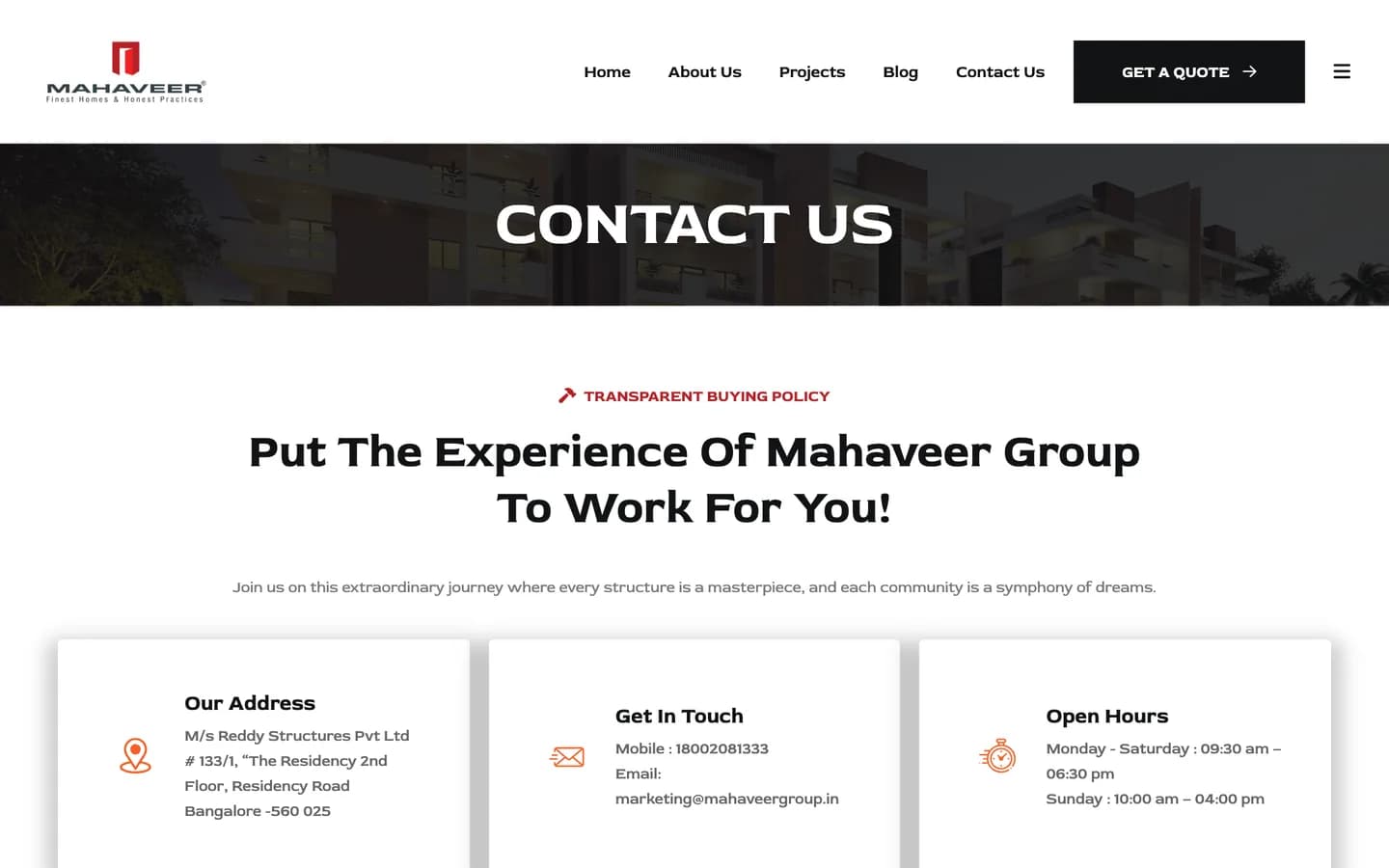 The Contact Us page, opening with Mahaveer’s transparent buying policy