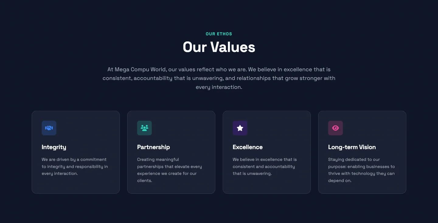 Our Values on the About page: Integrity, Partnership, Excellence, Long-term Vision