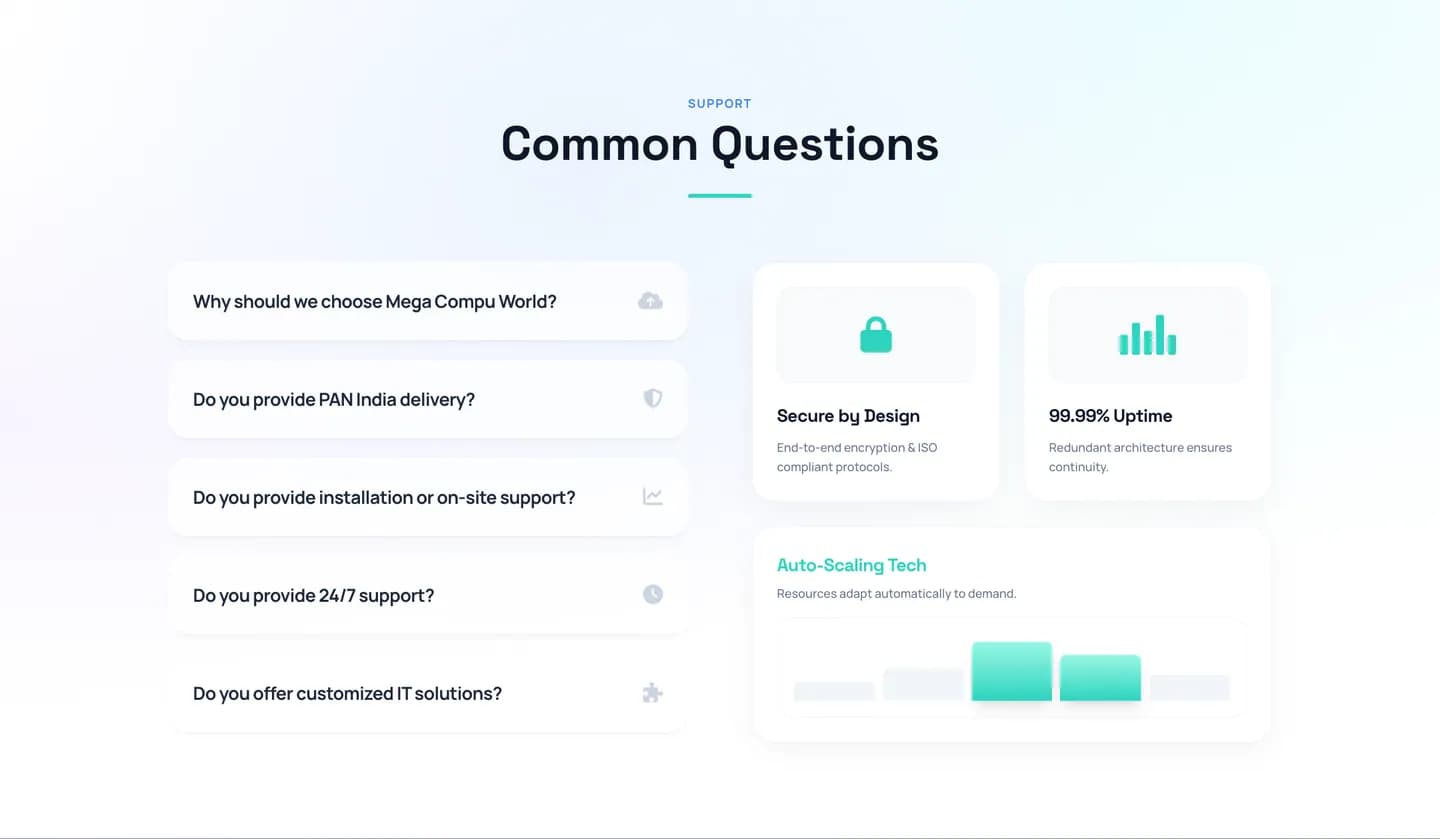 Mega Compu homepage — Common questions