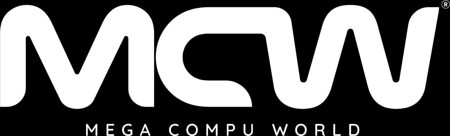 Mega Compu World logo — white version