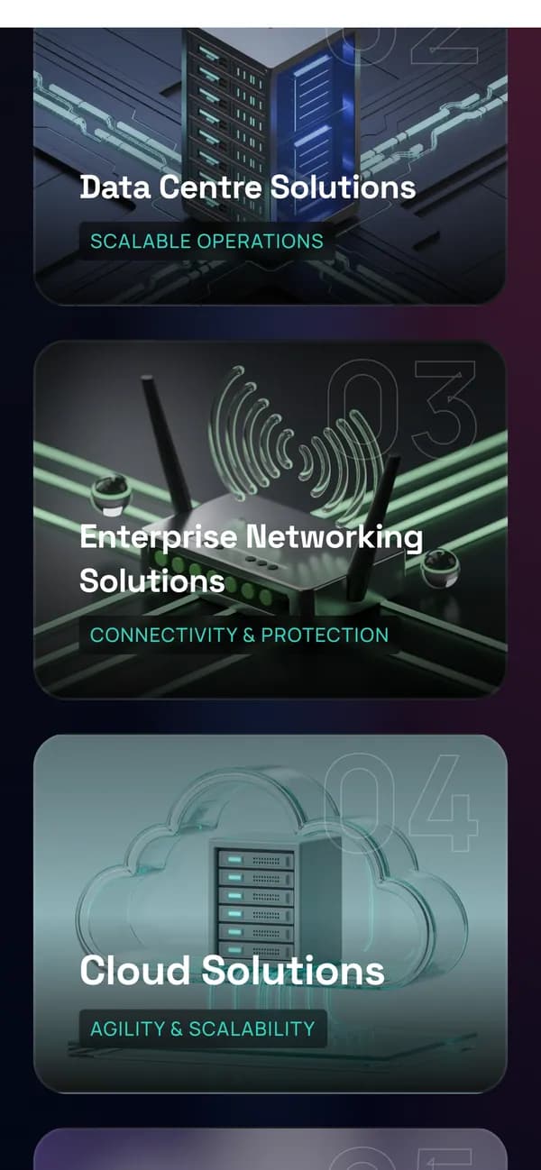 Mega Compu on mobile — Solution cards
