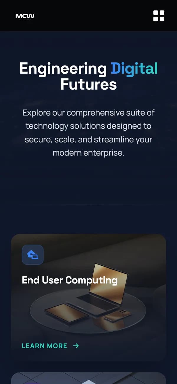 Mega Compu on mobile — Solutions page