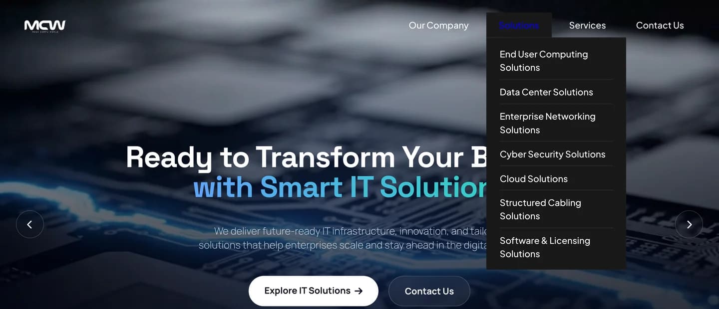 The Solutions menu open: seven solution pages