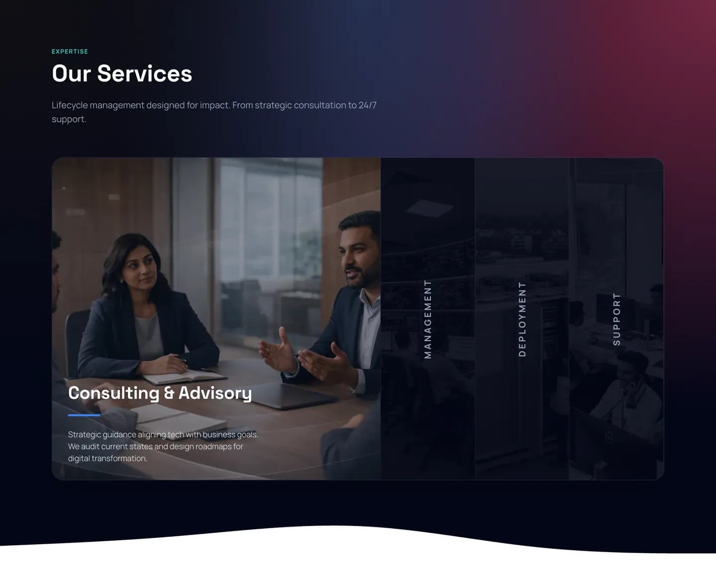 The homepage services accordion with Consulting & Advisory open