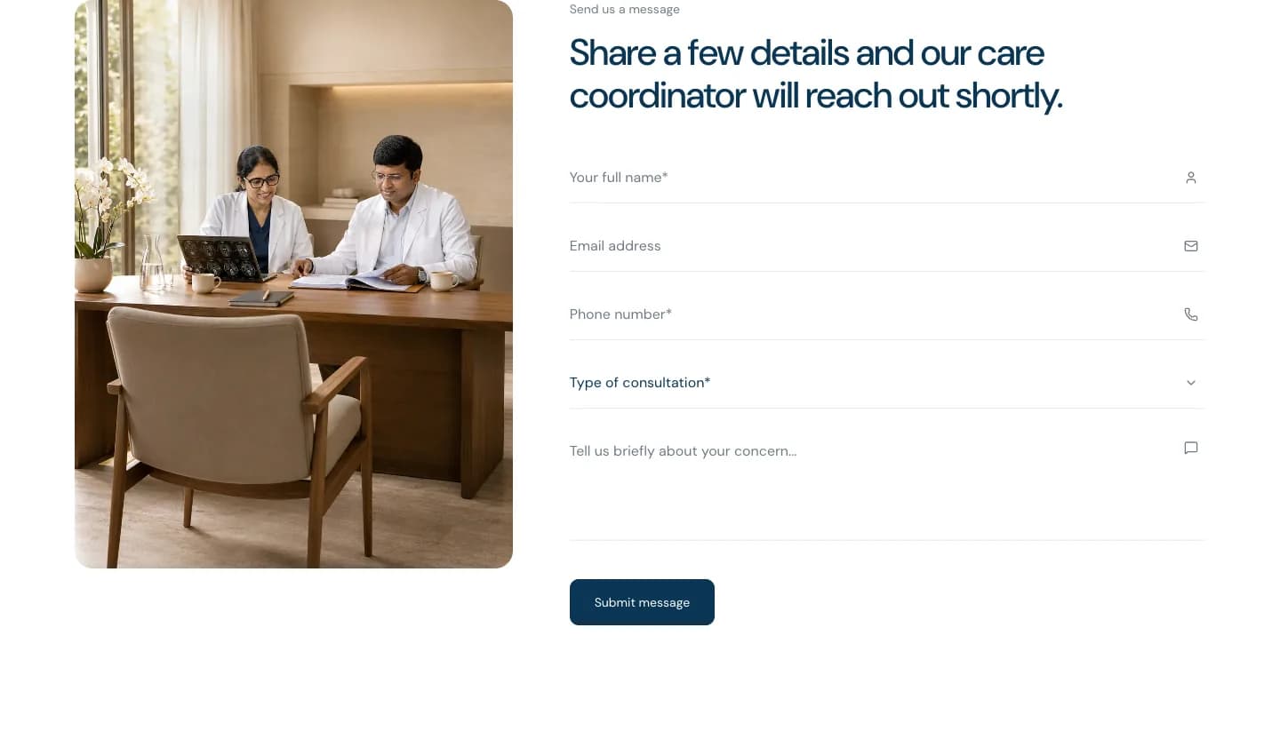 نموذج التواصل في موقع OncoVie: الاسم، والبريد الإلكتروني، والهاتف، ونوع الاستشارة، ورسالة