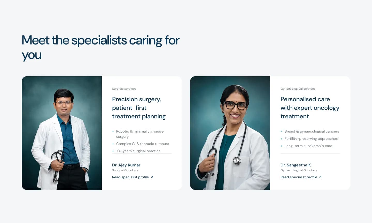 قسم «Meet the specialists caring for you» (تعرّف على الأطباء المختصين الذين يرعونك): Dr. Ajay Kumar وDr. Sangeetha K، ولكلٍّ منهما خدماته