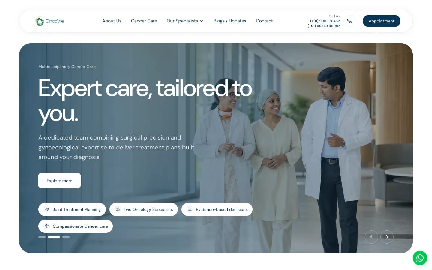 الشريحة 2 في واجهة موقع OncoVie — «Expert care, tailored to you.» (رعاية متخصصة، مصمَّمة لك.)