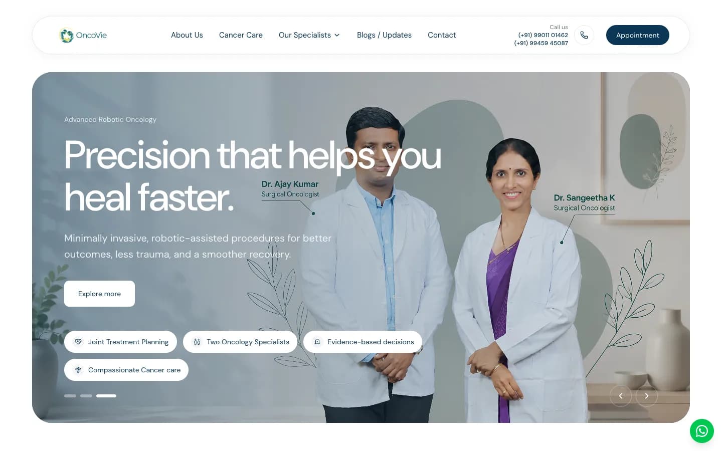 الشريحة 3 في واجهة موقع OncoVie — «Precision that helps you heal faster.» (دقّة تساعدك على التعافي أسرع.)