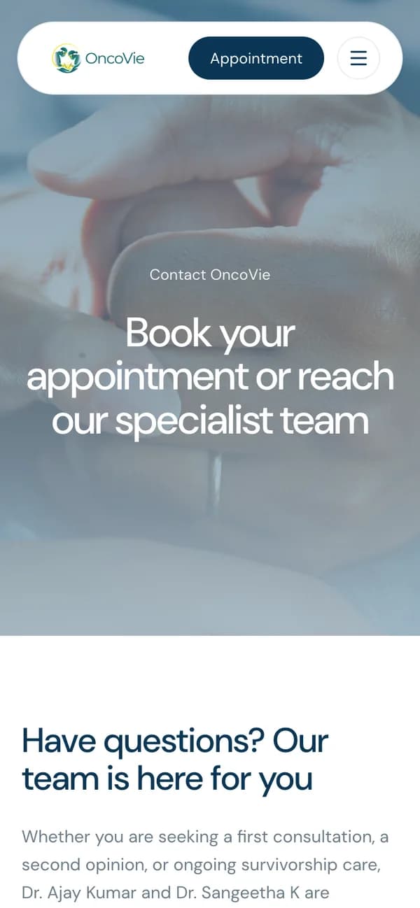 صفحة التواصل في OncoVie على الهاتف — «Book your appointment or reach our specialist team» (احجز موعدك أو تواصل مع فريقنا المختص)