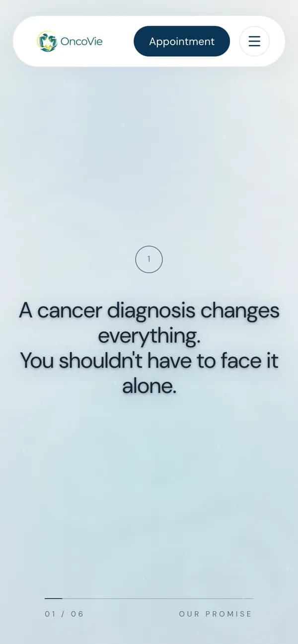 قسم «Our Promise» على الهاتف، السطر الأول: «A cancer diagnosis changes everything» (تشخيص السرطان يغيّر كل شيء)