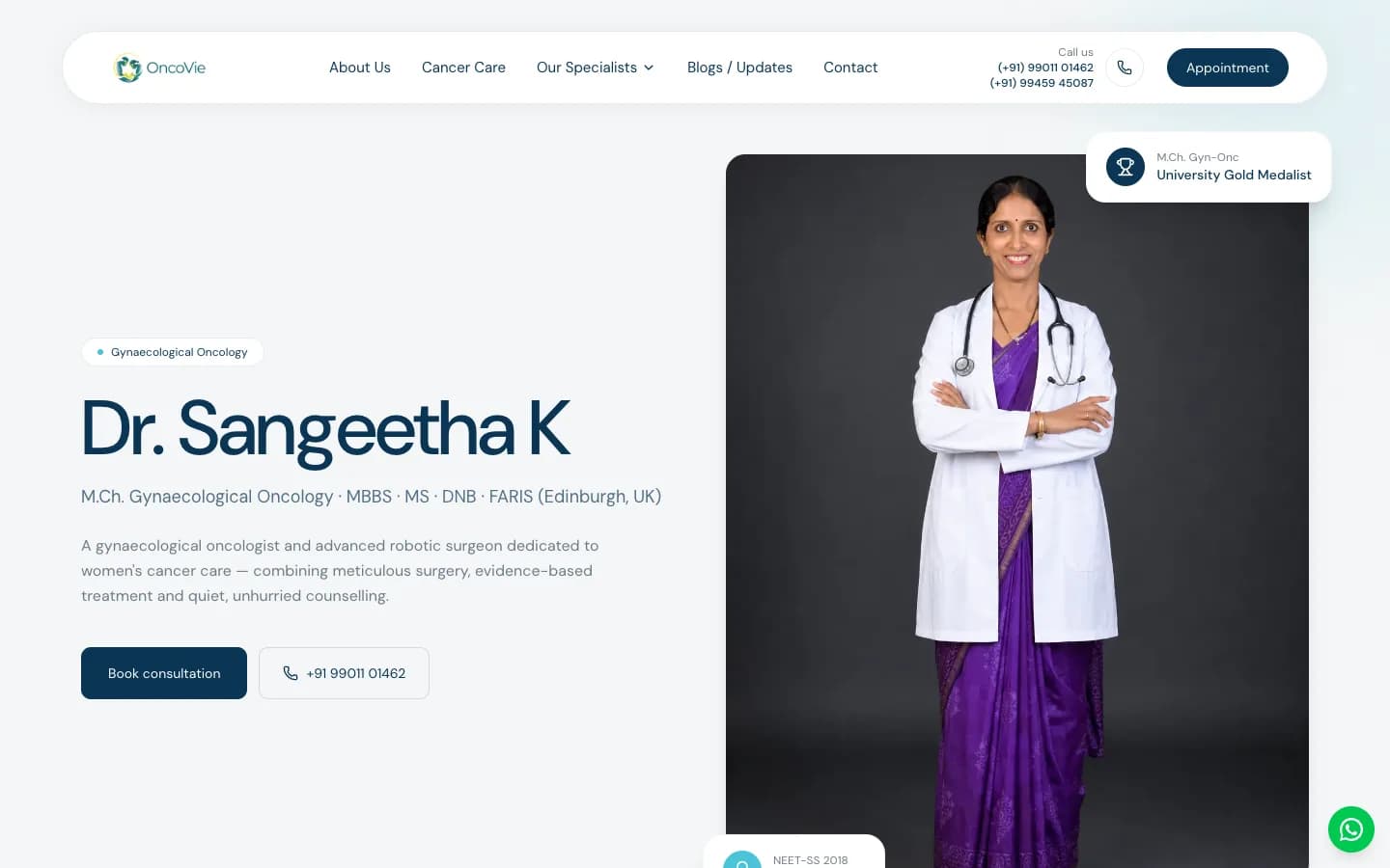 الصفحة التعريفية لـ Dr. Sangeetha K، أورام النساء، على oncovie.in