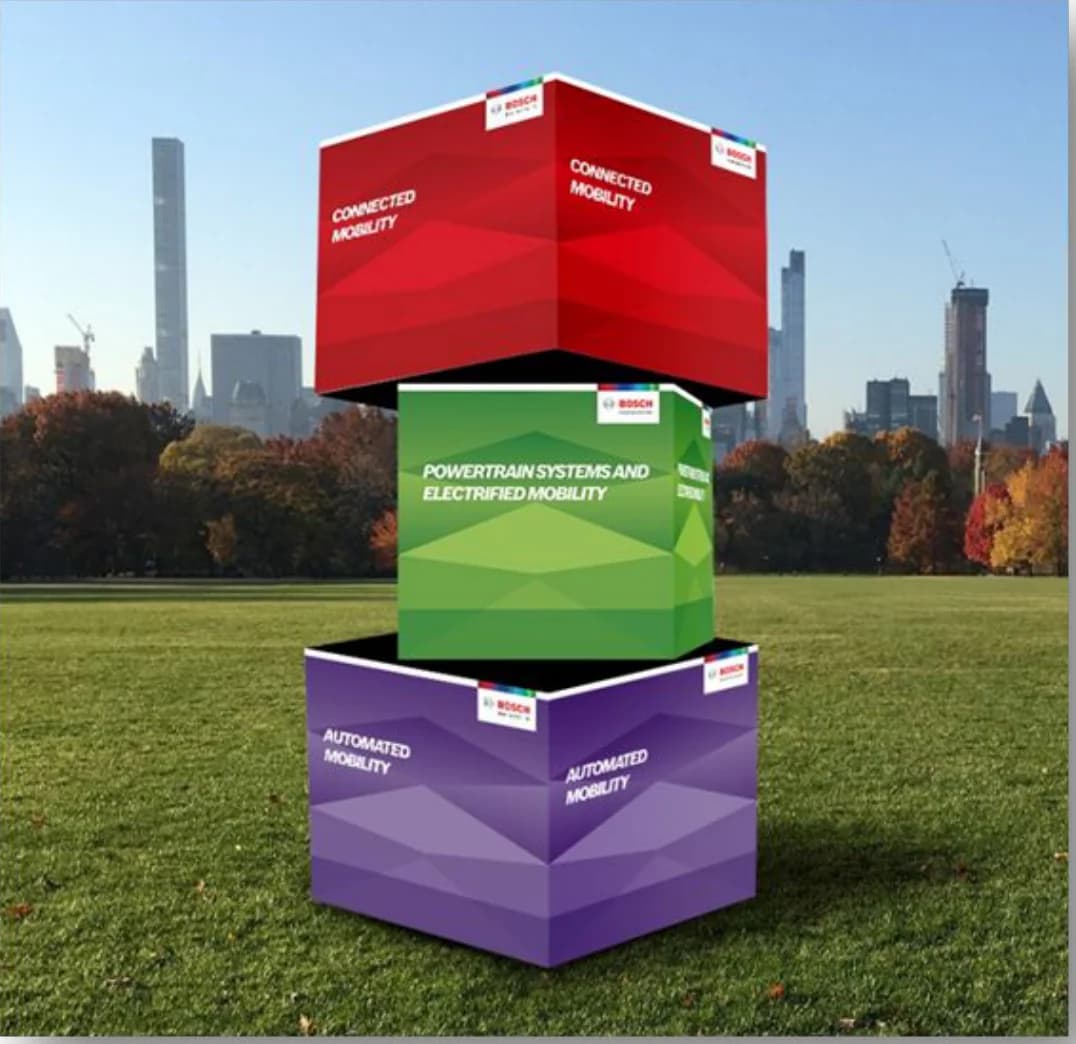 Stacked display cubes in red, green and violet: Connected Mobility, Powertrain Systems and Electrified Mobility, Automated Mobility