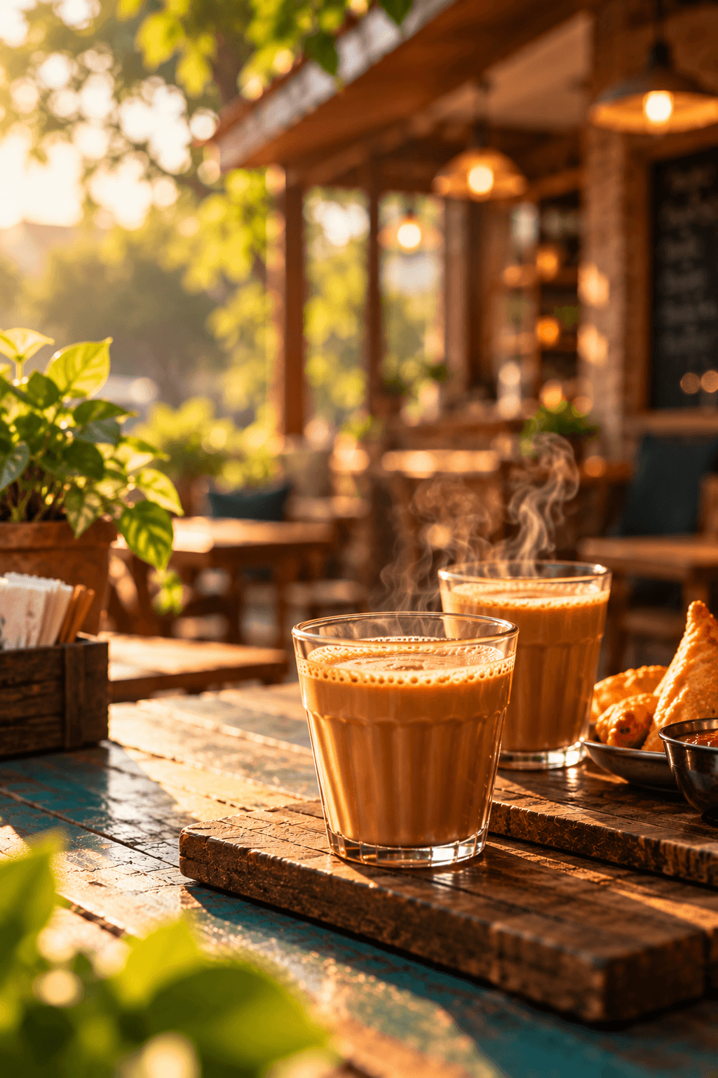 A warm still life of a cup of chai at a café during golden hour