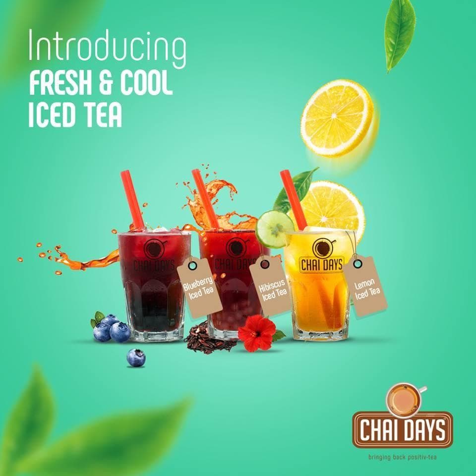 Green creative introducing fresh and cool iced tea: three glasses tagged Blueberry Iced Tea, Hibiscus Iced Tea and Lemon Iced Tea, with lemon slices, blueberries and hibiscus flowers