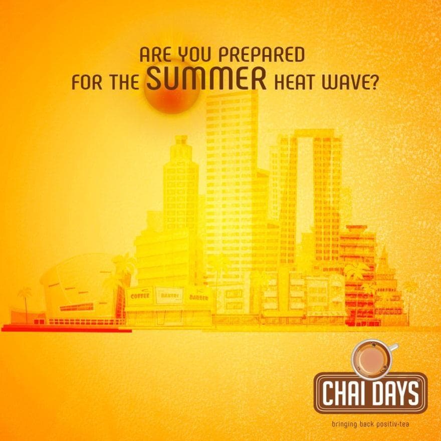 Orange creative with a heat-washed city skyline and the line “Are you prepared for the summer heat wave?”