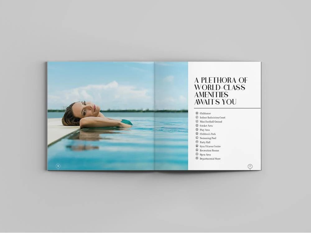 صفحة من الكتيّب: «a plethora of world-class amenities awaits you» (مجموعة وافرة من المرافق العالمية بانتظارك)