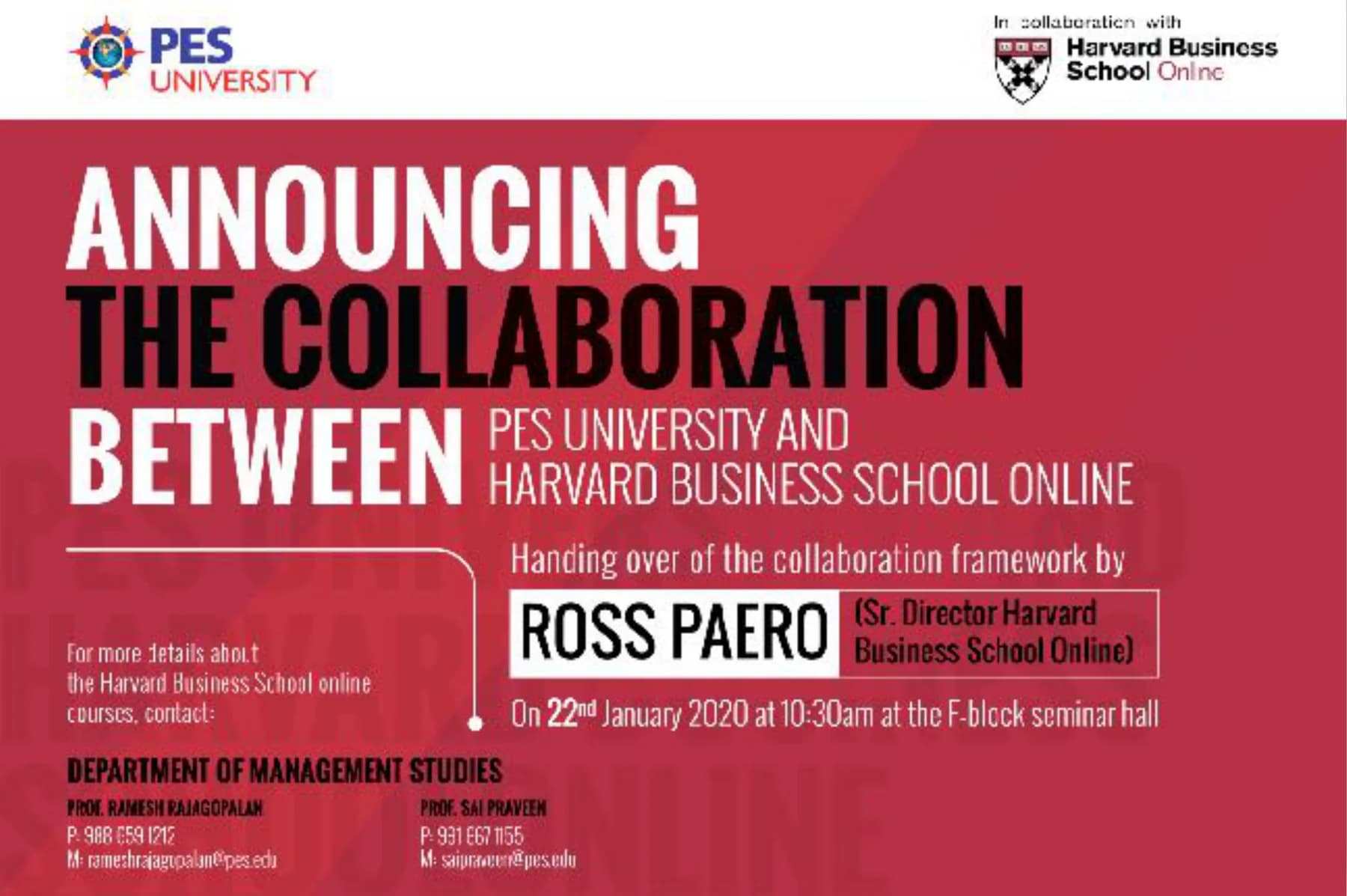 6×4 ft backdrop: announcing the collaboration between PES University and Harvard Business School Online
