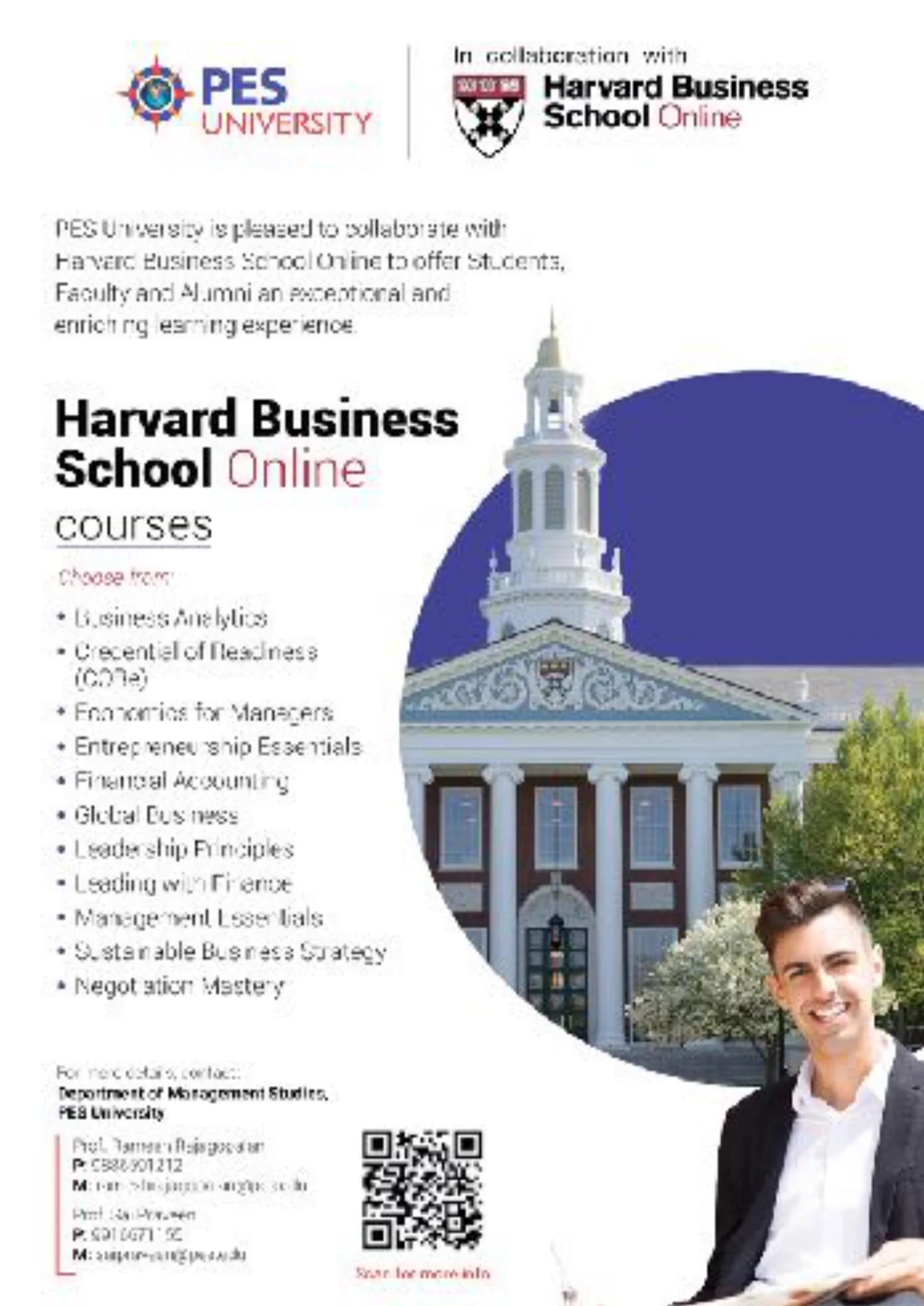A5 flyer: PES University in collaboration with Harvard Business School Online, with the course list