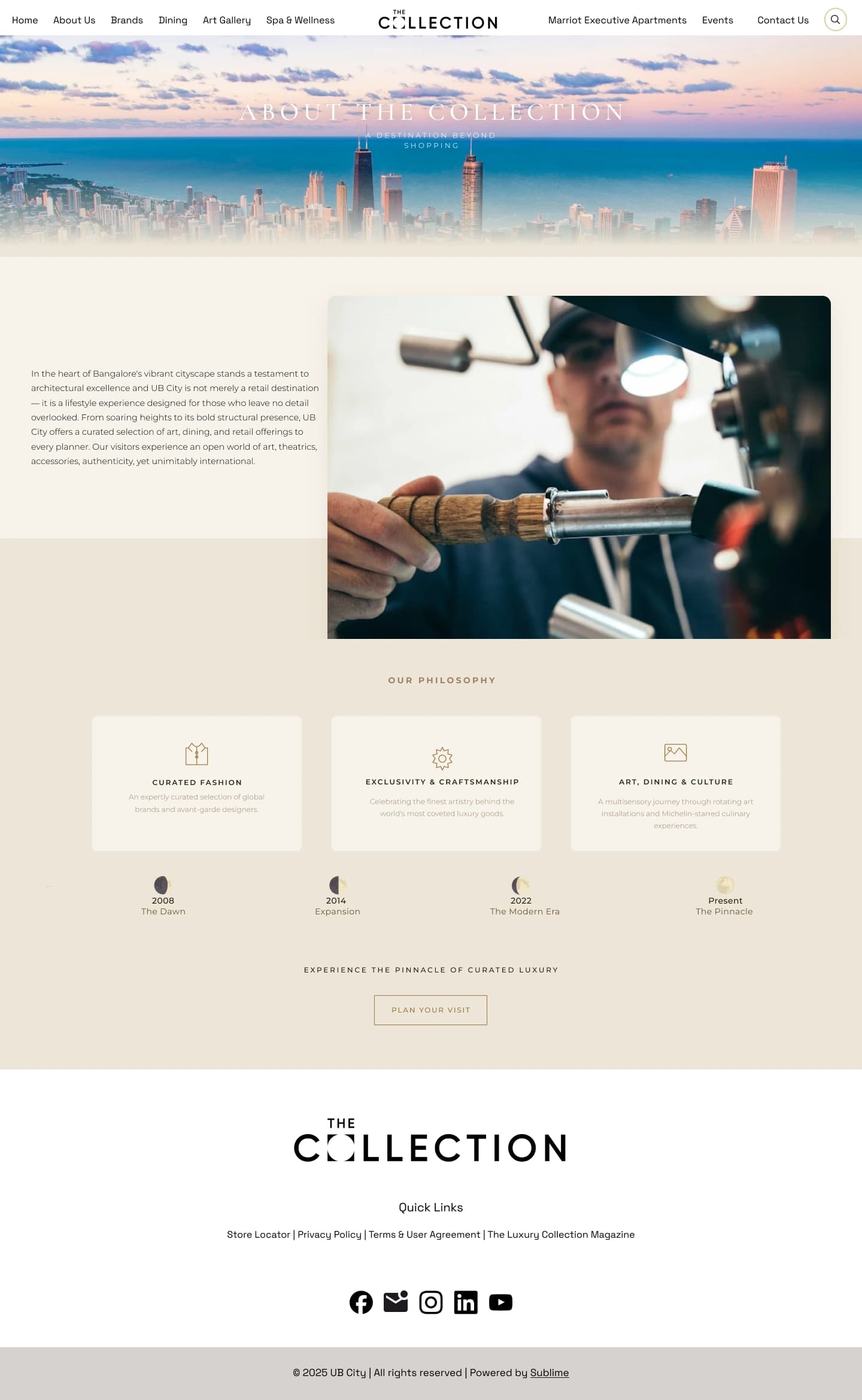 About page, desktop: a skyline hero, an introduction beside a large photograph, three philosophy cards and a four-step timeline