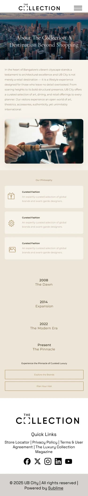 About page, mobile: a hero, stacked introduction and philosophy cards, a vertical timeline and two buttons