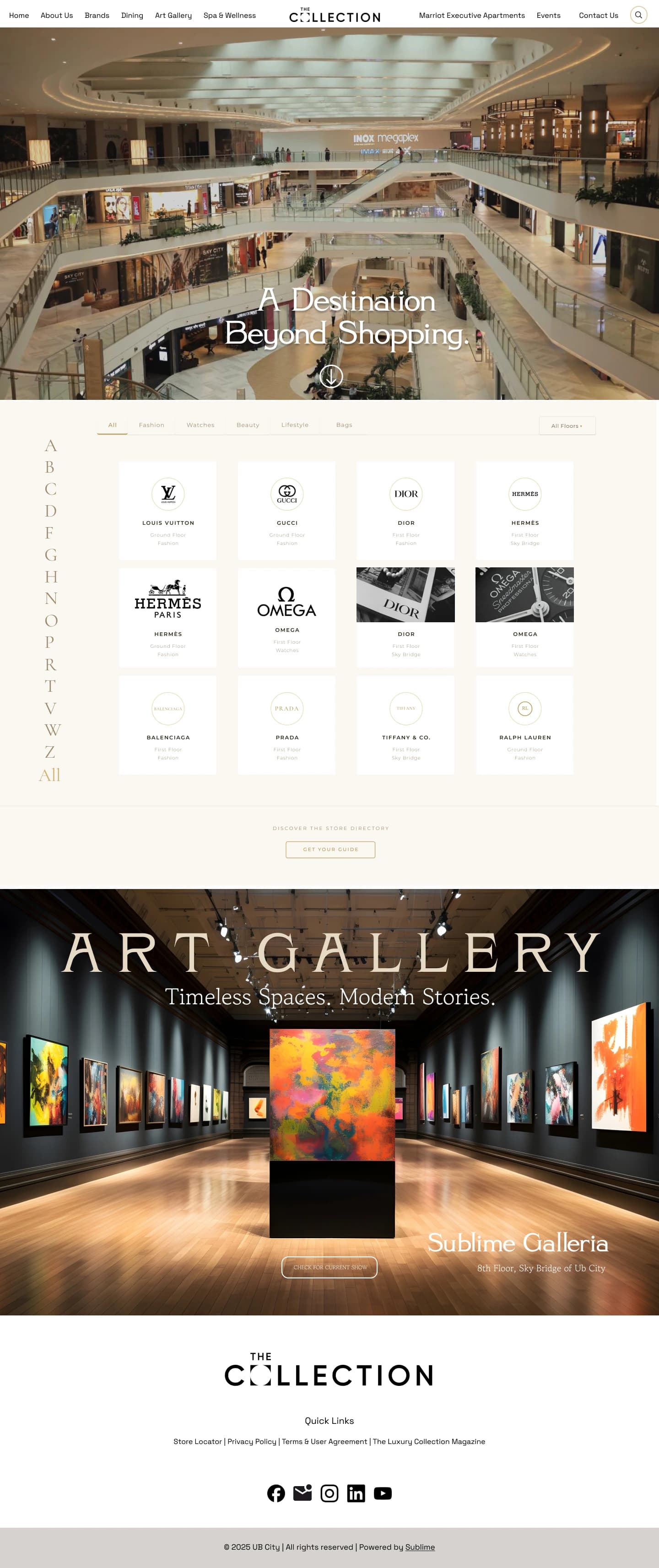 Brands page, desktop: an interior hero, an A to Z index, category tabs, a grid of brand cards and an art gallery banner