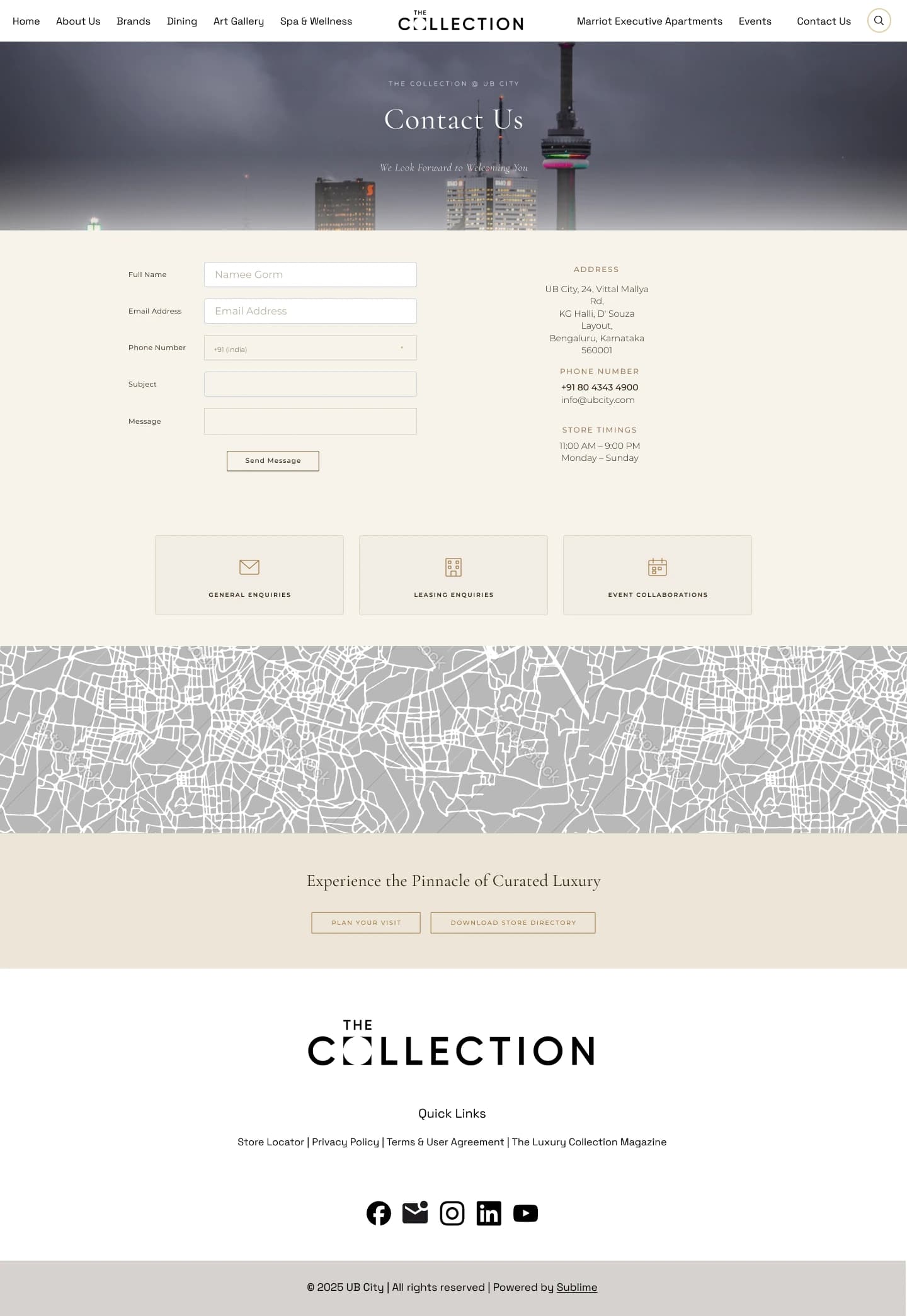 Contact page, desktop: a skyline hero, a contact form beside address details, three enquiry tiles and a map band