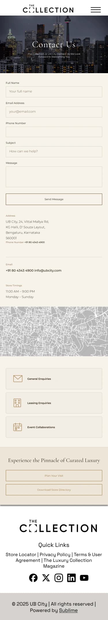 Contact page, mobile: a stacked form, contact details, a map band and stacked enquiry tiles