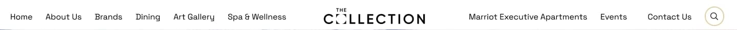 Desktop header: navigation split either side of a centred logo, with a search button