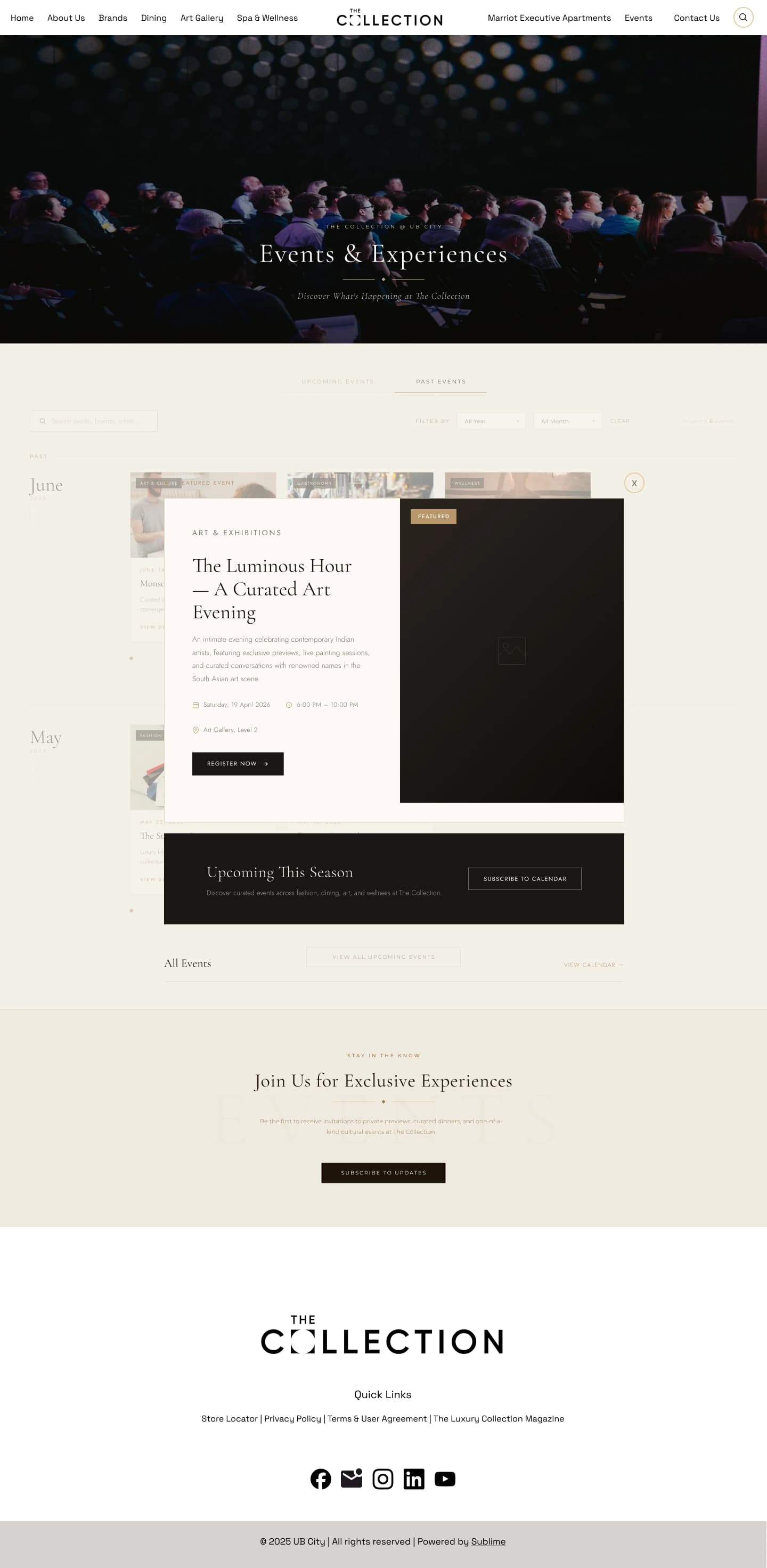 Events page, desktop: a featured event panel open over the past events list